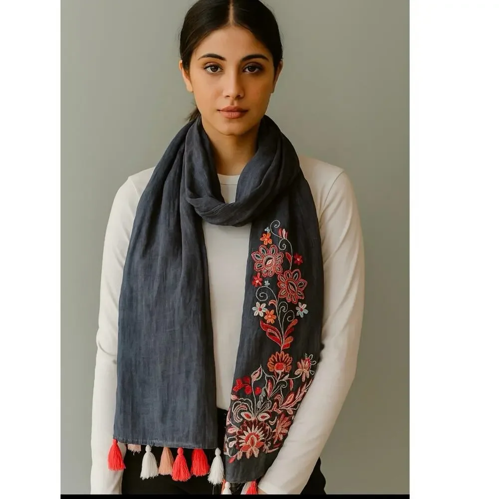 Chicos Embroidered Gray Scarf With Tassels Lightweight Boho Fairy Forrest Preppy